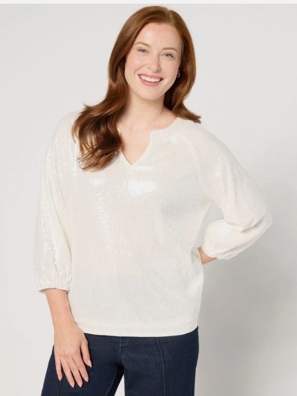 Nicole By Nicole Miller Ivory Sequin V-Neck 3/4 Length Baloon Sleeve Blouse